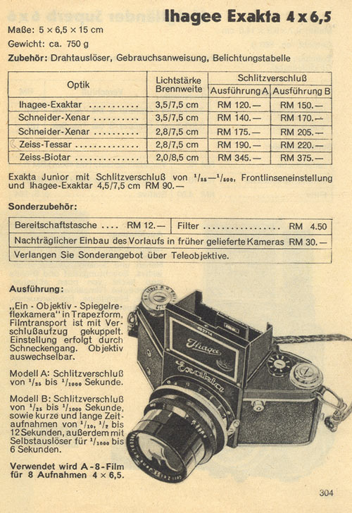 Nacht Exakta, Katalog 1936